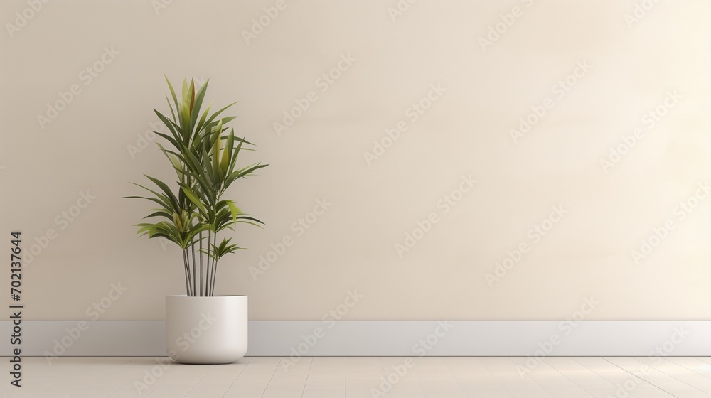 Beige empty concrete textured wall podium stage background, with plants. Empty room of modern contemporary loft with plants on wooden floor. Generative AI