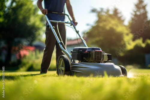 Person mowing lush green lawn in bright sunlight. photo