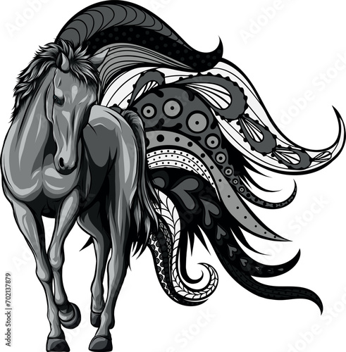 monochromatic Illustration of a horse with mandala © deanz