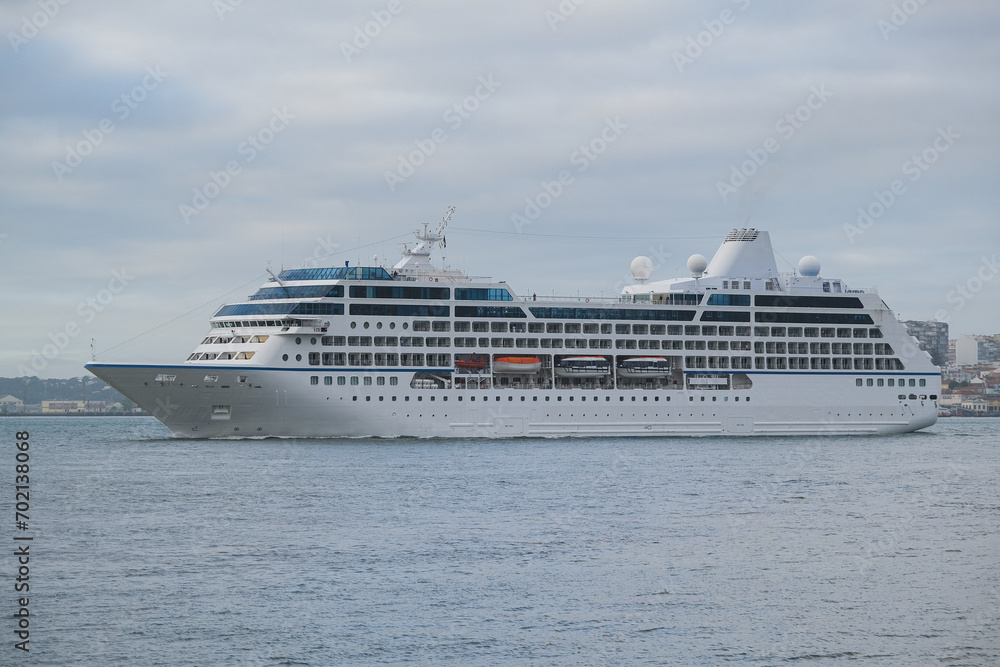 Luxury cruiseship cruise ship liner Sirena arrival into port of Lisbon, Portugal