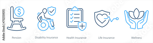 A set of 5 Employee Benefits icons as pension, disability insurance, health insurance