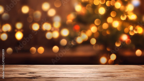 Wooden table with blurred Christmas tree