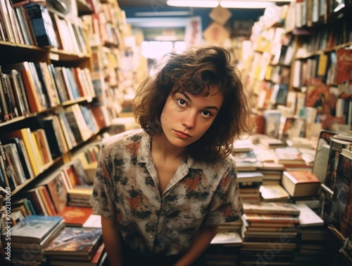 Nostalgia of '90s bookstores with girl reading or browsing through books, surrounded by shelves of colorful covers, in the style of film photography from the 1990