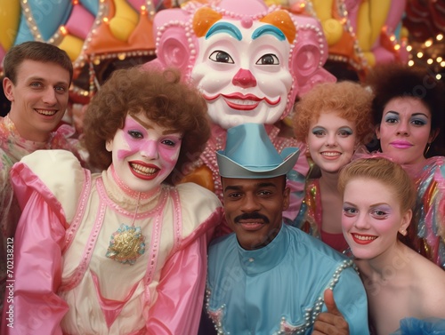 People in vibrant '90s carnival attire, surrounded by colorful rides and the excitement of the fair, in the style of film photography from the 1990