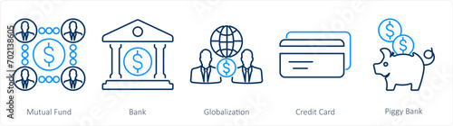 A set of 5 Finance icons as mutual funds, bank, globalization photo