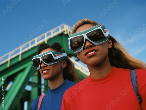 Couple of girls dressed in 90s style, big sunglasses, roller coaster in the background, in the style of film photography from the 1990