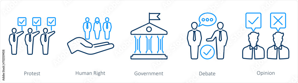 A set of 5 Freedom of Speech icons as protest, human right, government A set of 5 Freedom of Speech icons as protest, human right, government