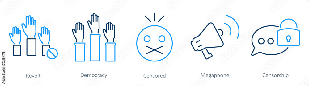A set of 5 Freedom of Speech icons as revolt, democracy, censored A set of 5 Freedom of Speech icons as revolt, democracy, censored