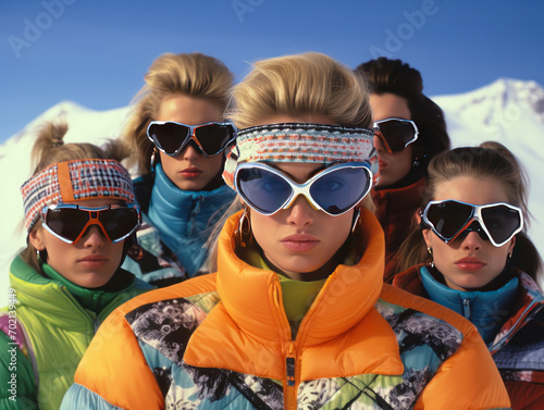 Group of people in stylish '90s ski resort attire, complete with colorful ski suits, goggles, and winter accessories, in the style of film photography from the 1990 photo