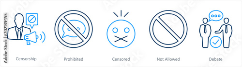 A set of 5 Freedom of Speech icons as censorship, prohibited, censored