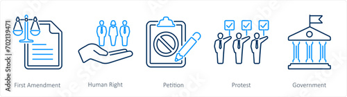 A set of 5 Freedom of Speech icons as first amendment, human right, petition