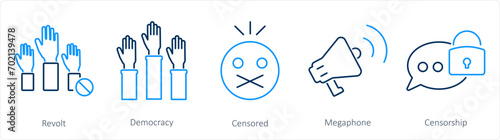 A set of 5 Freedom of Speech icons as revolt, democracy, censored