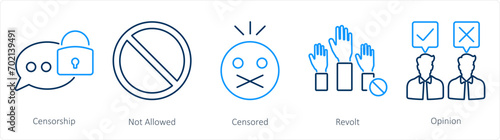 A set of 5 Freedom of Speech icons as censorship, not allowed, censored