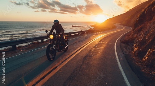 Motorcyclist Riding Along Winding Coastal Road During Sunset with Ocean Views and Golden Sky