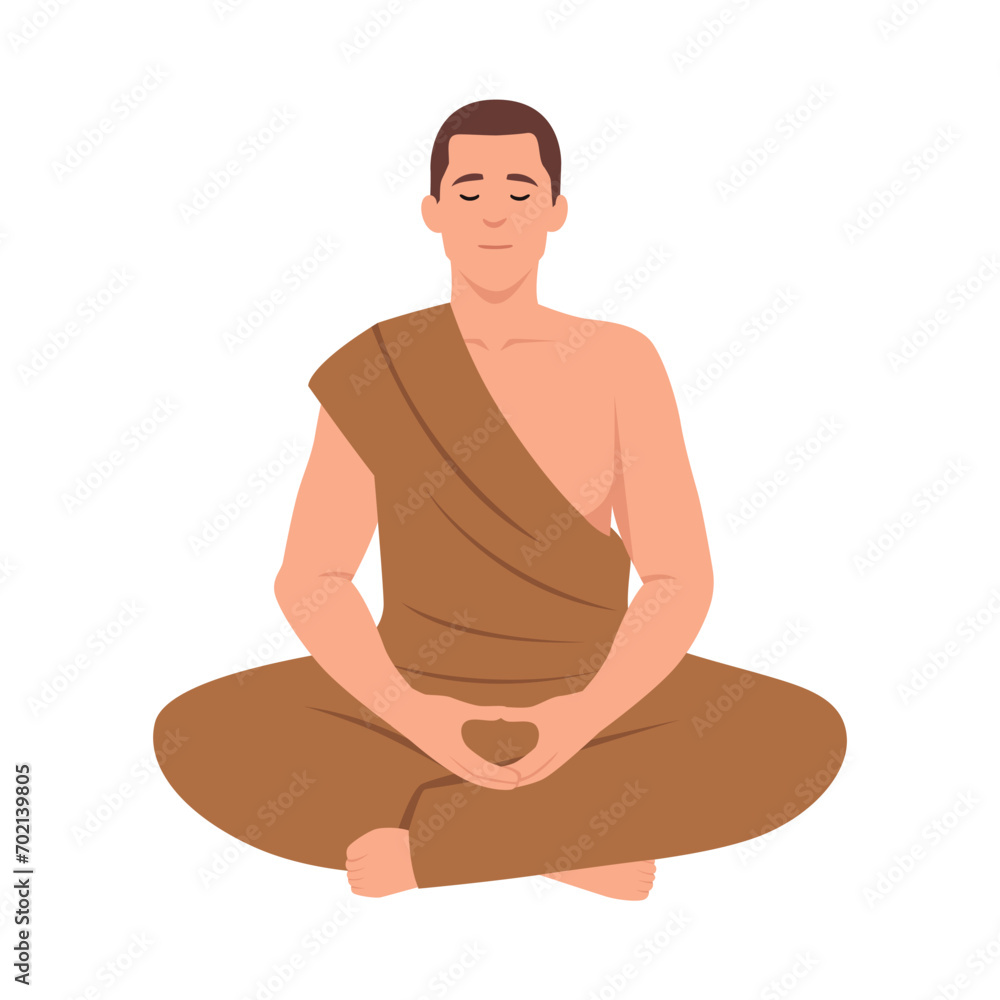 Buddhist monk meditating in lotus pose. Meditation and zen in buddhism. Bald man in orange robe at spiritual practice. Asian Tibetan faith. Flat vector illustration isolated on white background Buddhist monk meditating in lotus pose. Meditation and zen in buddhism. Bald man in orange robe at spiritual practice. Asian Tibetan faith. Flat vector illustration isolated on white background