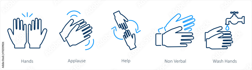 A set of 5 Hands icons as hands, applause, help