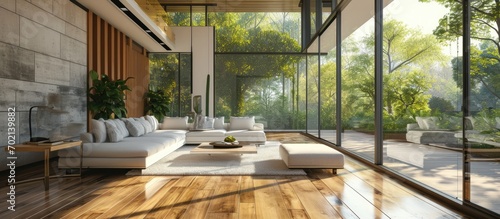 a living room with wood flooring and sliding glass doors leading to the patio area in front of the house. with copy space image. Place for adding text or design © vxnaghiyev