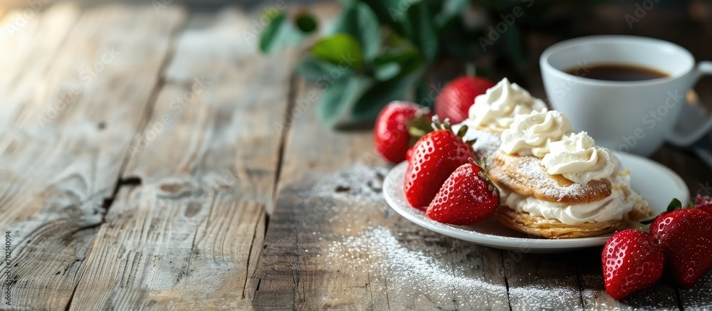 Fresh cream eclairs with whipped cream and strawberries on white plate and cup of coffee on white wooden table selective focus. with copy space image. Place for adding text or design