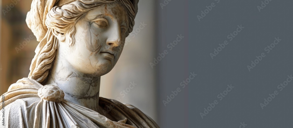 An ancient marble statue of a woman in a toga Part of the exterior of The Celsus Library of Ephesus Ancient City. with copy space image. Place for adding text or design - obrazy, fototapety, plakaty 