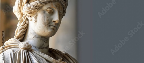 An ancient marble statue of a woman in a toga Part of the exterior of The Celsus Library of Ephesus Ancient City. with copy space image. Place for adding text or design photo