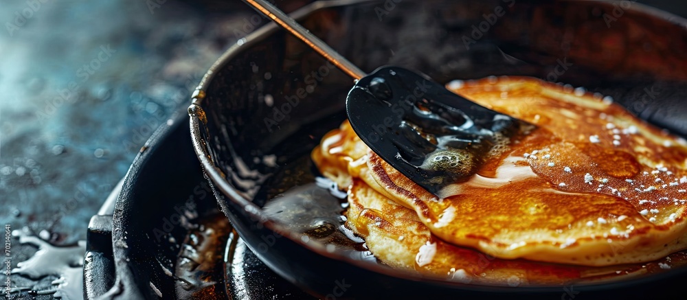 A pancake being flipped by a black spatula in a frying pan Close up. with copy space image. Place for adding text or design - obrazy, fototapety, plakaty 