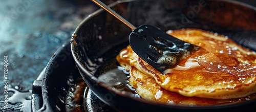 A pancake being flipped by a black spatula in a frying pan Close up. with copy space image. Place for adding text or design photo