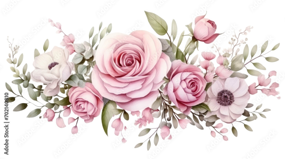 A watercolor illustration of a floral arrangement with peach roses, green leaves, and small pink flowers