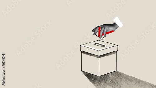 Human hand putting red check mark into ballot box. Contemporary art collage. Concept of voting day, democracy, politics, choice, freedom, opinion photo