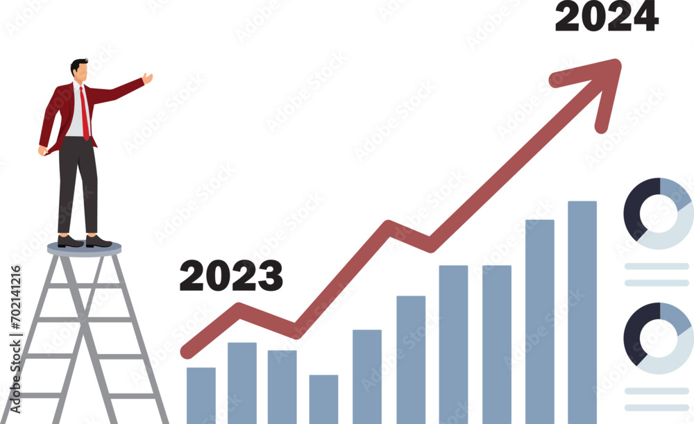 2024 Bull Market, Arrow points to higher future 2024, Businessman 2024 Bull Market, Arrow points to higher future 2024, Businessman