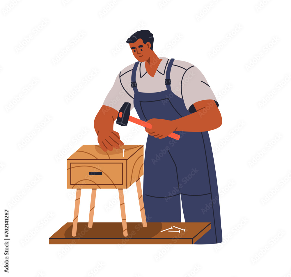 Joinery, making wood furniture. Craft worker, artisan, craftsman during woodwork, creating wooden nightstand. Professional handyman hammers nail. Flat vector illustration isolated on white background Joinery, making wood furniture. Craft worker, artisan, craftsman during woodwork, creating wooden nightstand. Professional handyman hammers nail. Flat vector illustration isolated on white background