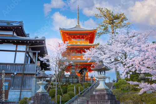 Kiyomizu-dera templein Kyoto, Japan with beauiful full bloom sakura cherry blossom in spring photo