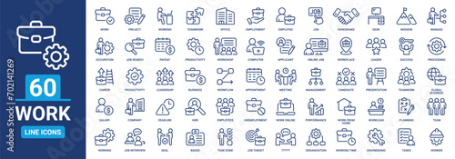 Work icon outline set. Containing job, working, employee, project, teamwork, employment, meeting, appointment and more. Vector line icons collection.