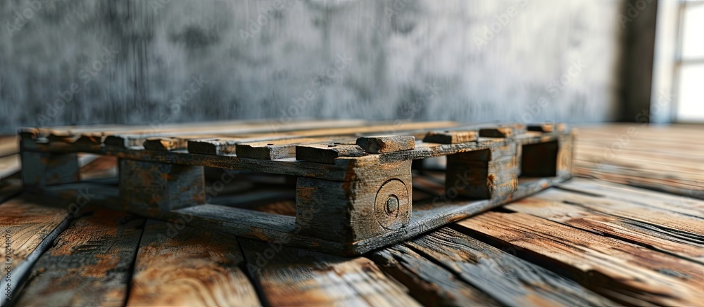 A metal weight for scales stands on a wooden pallet Sending heavy cargo by mail Courier cargo delivery Wooden construction pallet with heavy load on the ground. with copy space image