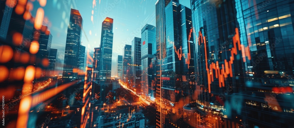 Financial graphs and digital indicators overlap with modernistic urban area skyscrabber for stock market business concept Double exposure. with copy space image. Place for adding text or design