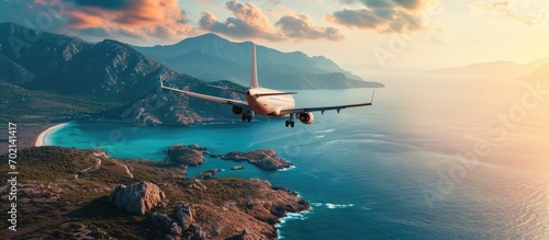 Airplane is flying over islands and sea at sunrise in summer Landscape with white passenger airplane seashore mountains sky and blue water White passenger aircraft Travel and resort Tourism