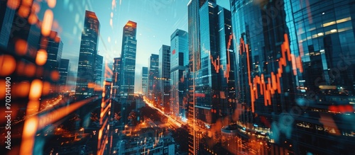 Obraz na płótnie Financial graphs and digital indicators overlap with modernistic urban area skyscrabber for stock market business concept Double exposure. with copy space image. Place for adding text or design w salonie