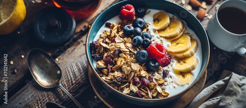 Athlete enjoying healthy meal rich in fiber protein and vitamins Fit young man sitting on floor in living room relaxing after fitness workout eating natural vegetarian granola listening to musi photo