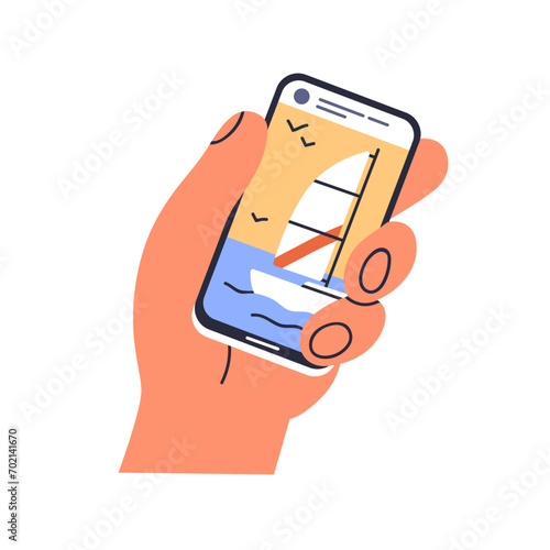 Mobile phone in hand. Watching social media, looking at travel photo, picture on smartphone screen. Holding cellphone with content in internet. Flat vector illustration isolated on white background