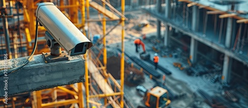 CCTV camera watching an excavator and workers working on a construction site. with copy space image. Place for adding text or design photo