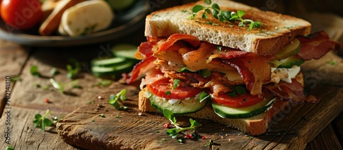 Club sandwich with chicken breast bacon tomato cucumber and herbs. with copy space image. Place for adding text or design