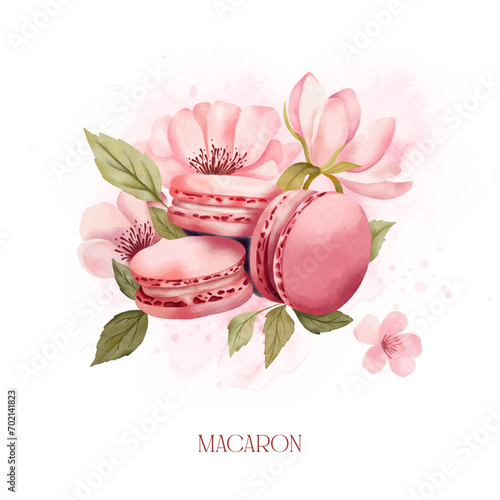 Watercolour macaron art. Pink macaroon with cherry blossom on the background. Sweet art with watercolour flowers ad splashes. Bakery, cafe, sweet corner poster design
