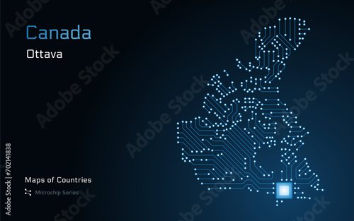 Canada Map with a capital of Ottava Shown in a Microchip Pattern with processor. E-government. World Countries vector maps.	