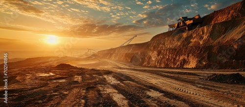 beautiful shot of drag line working on mine at sunrise. with copy space image. Place for adding text or design photo