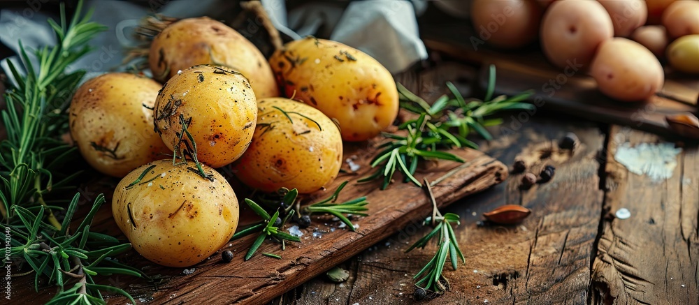 bowl of rustic fried and roasted potatoes with rosemary. with copy space image. Place for adding text or design bowl of rustic fried and roasted potatoes with rosemary. with copy space image. Place for adding text or design