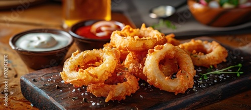 Freshly prepared homemade beer battered onion rings in a basket with drinks and sauces in the back Selective Focus Focus on the front of the onion ring on the top. with copy space image photo