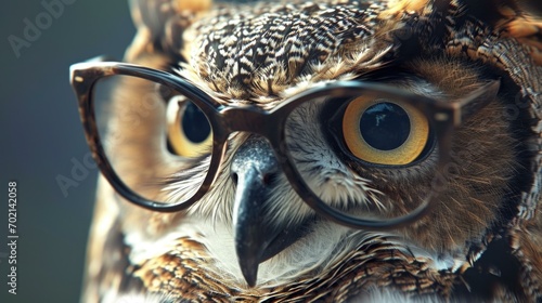 An old owl wearing reading glasses, engrossed in browsing a digital tablet. Generative AI.