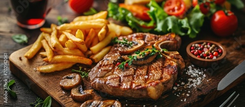 A grilled ribeye steak served with mushrooms chips french fries and a garden salad of lettuce cucumber baby carrot and capsicum. with copy space image. Place for adding text or design photo