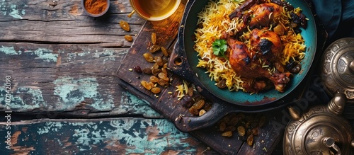 Biryani with Spiced Chiken and Raisin Served on Turlish Chopper Pan with Tea. with copy space image. Place for adding text or design