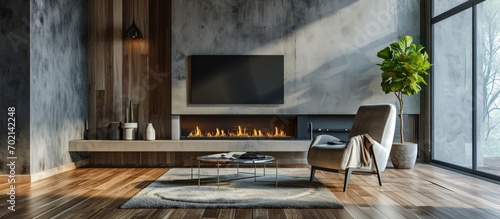 Contemporary open living room with fireplace armchair and television hanging on the wall. with copy space image. Place for adding text or design