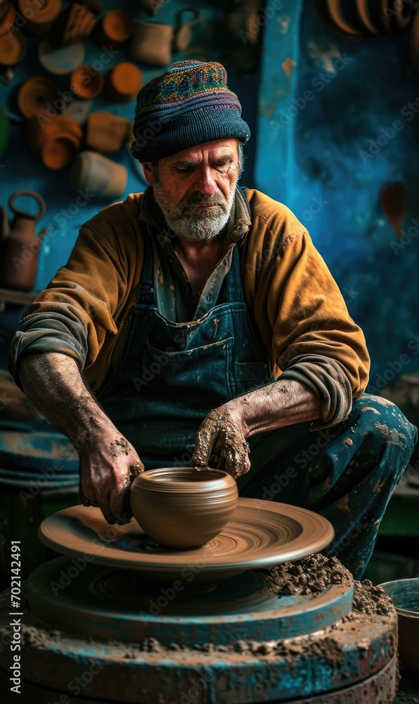 An old potter skillfully shapes clay on a spinning wheel. Generative AI. An old potter skillfully shapes clay on a spinning wheel. Generative AI.